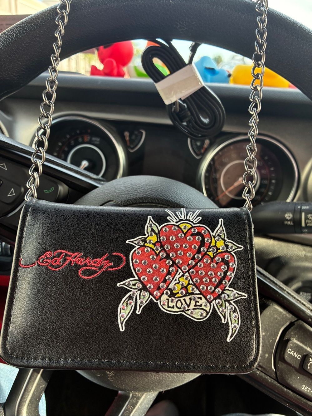 Ed Hardy Black Crossbody Wallet with Red Studded Heart Graphic